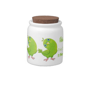 Cute green curious parakeet cartoon illustration candy jar