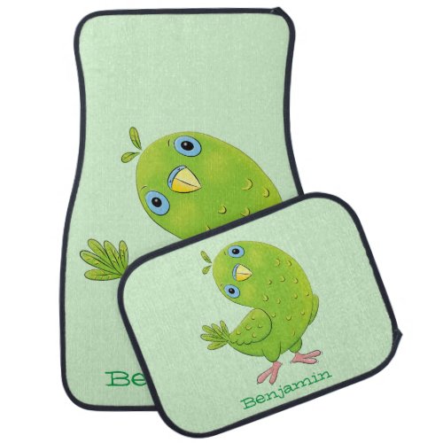 Cute green curious parakeet cartoon illustration car floor mat