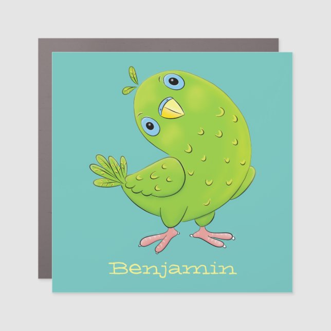 Cute green curious parakeet cartoon illustration car magnet (Front)