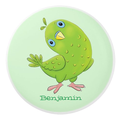 Cute green curious parakeet cartoon illustration ceramic knob