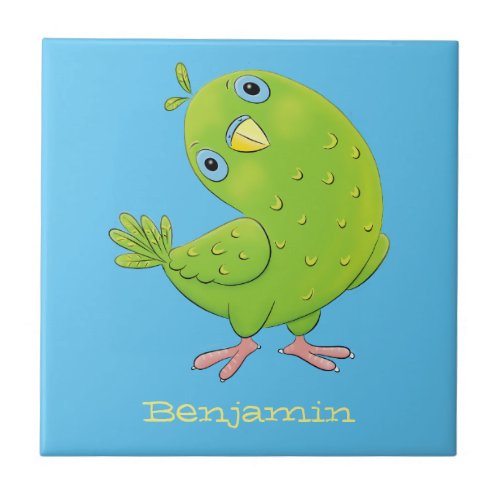 Cute green curious parakeet cartoon illustration ceramic tile