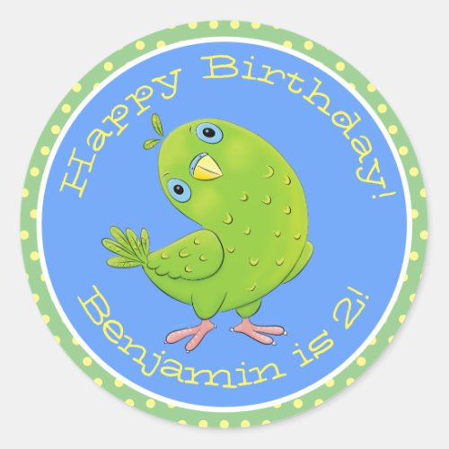 Cute green curious parakeet cartoon illustration classic round sticker