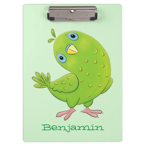 Cute green curious parakeet cartoon illustration clipboard