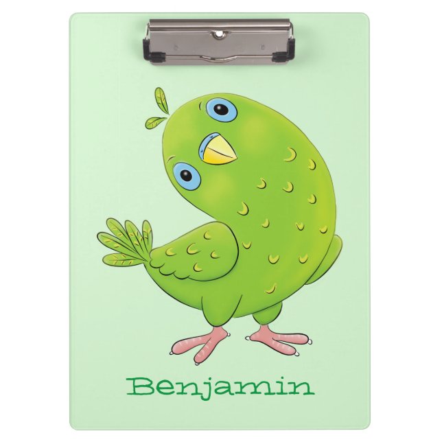 Cute green curious parakeet cartoon illustration clipboard (Front)