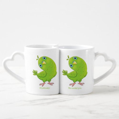 Cute green curious parakeet cartoon illustration coffee mug set