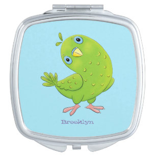 Cute green curious parakeet cartoon illustration compact mirror