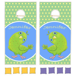 Cute green curious parakeet cartoon illustration cornhole set