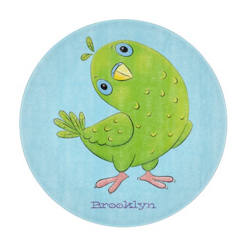 Cute green curious parakeet cartoon illustration cutting board