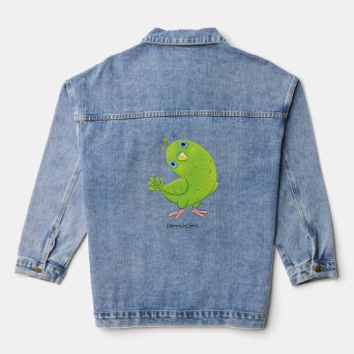Cute green curious parakeet cartoon illustration denim jacket