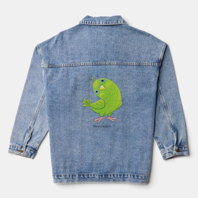 Cute green curious parakeet cartoon illustration denim jacket (Back)