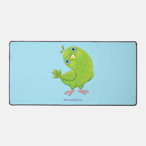 Cute green curious parakeet cartoon illustration desk mat