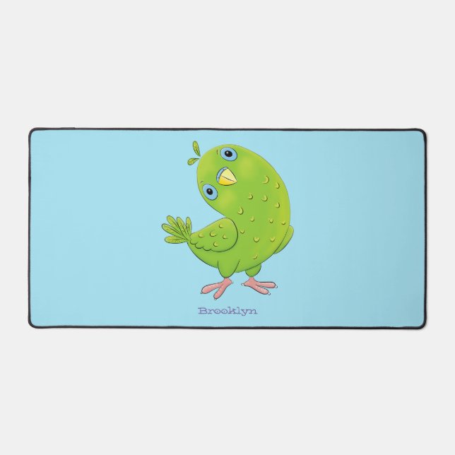Cute green curious parakeet cartoon illustration desk mat (Front)