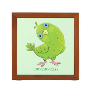 Cute green curious parakeet cartoon illustration desk organizer
