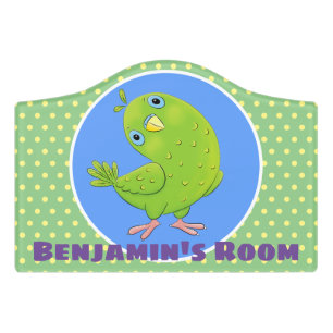 Cute green curious parakeet cartoon illustration door sign