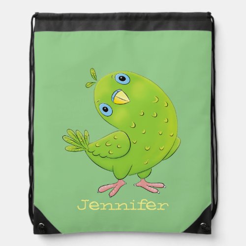 Cute green curious parakeet cartoon illustration drawstring bag