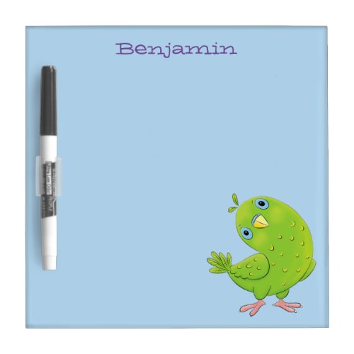 Cute green curious parakeet cartoon illustration dry erase board