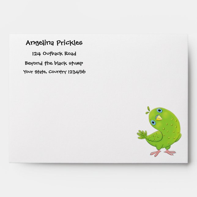Cute green curious parakeet cartoon illustration envelope (Front)
