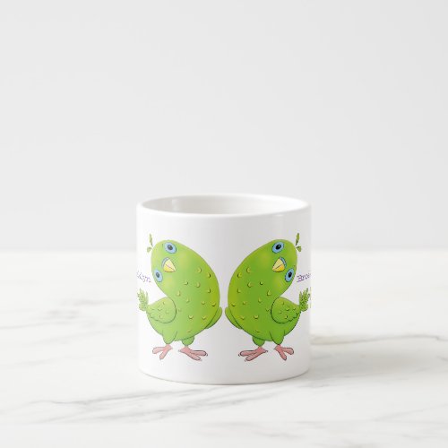 Cute green curious parakeet cartoon illustration espresso cup