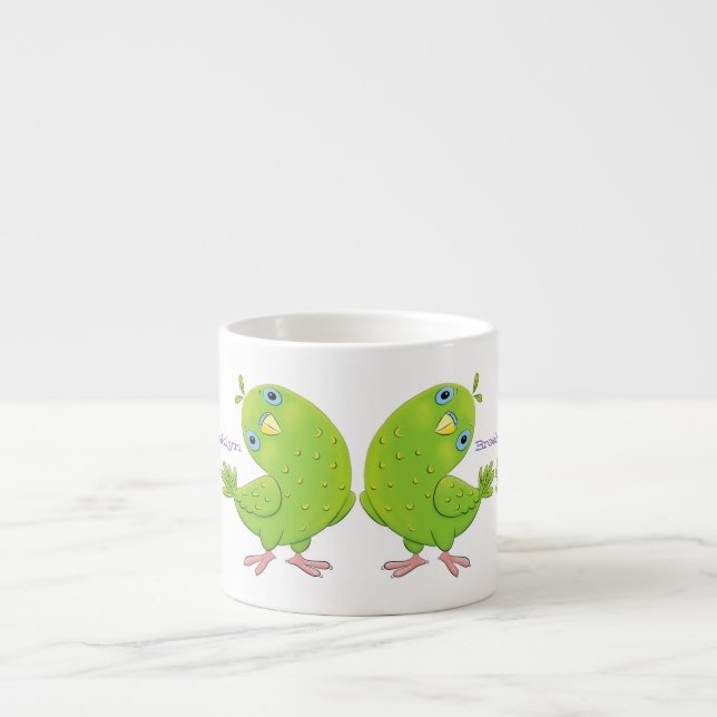 Cute green curious parakeet cartoon illustration espresso cup (Front)