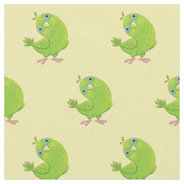 Cute green curious parakeet cartoon illustration fabric (Close Up)