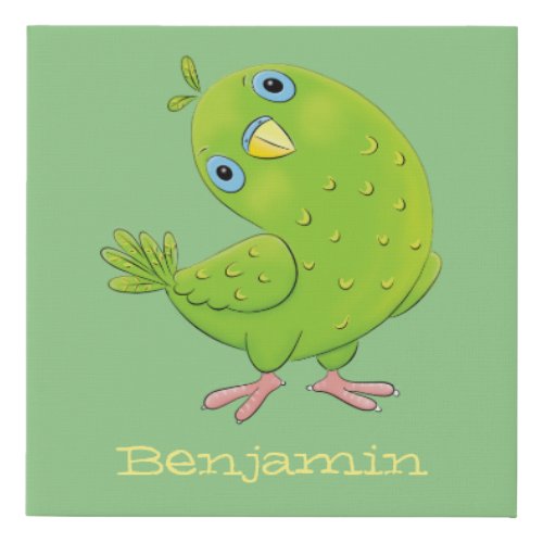 Cute green curious parakeet cartoon illustration faux canvas print