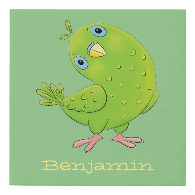 Cute green curious parakeet cartoon illustration faux canvas print (Front)