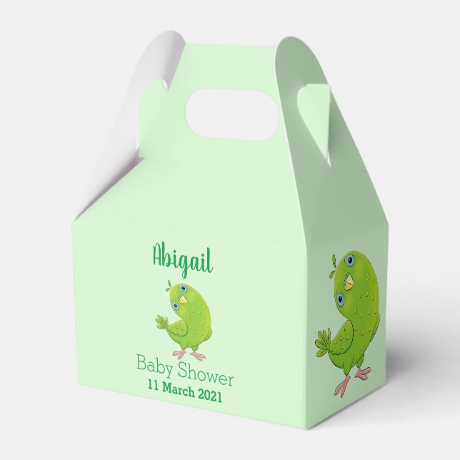 Cute green curious parakeet cartoon illustration favor boxes (Front Side)