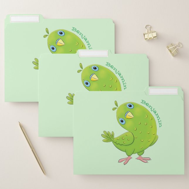 Cute green curious parakeet cartoon illustration file folder (Set)