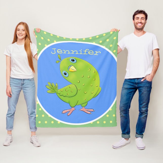 Cute green curious parakeet cartoon illustration fleece blanket (In Situ)