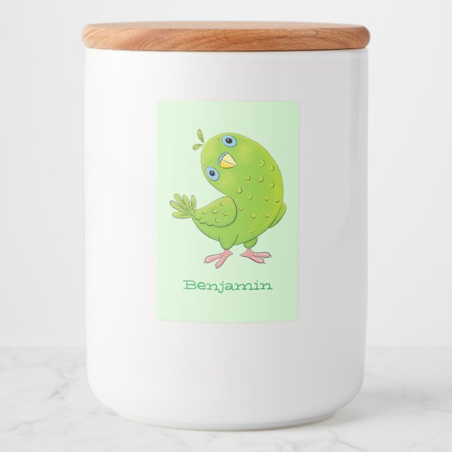 Cute green curious parakeet cartoon illustration food label (Front)