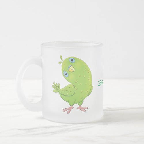 Cute green curious parakeet cartoon illustration frosted glass coffee mug
