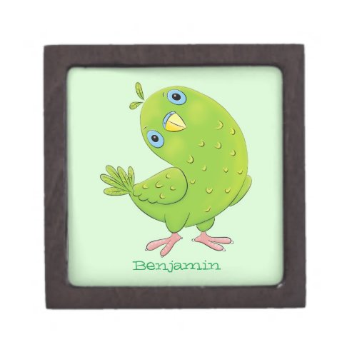 Cute green curious parakeet cartoon illustration gift box