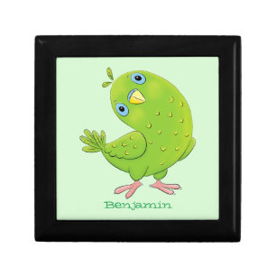 Cute green curious parakeet cartoon illustration gift box