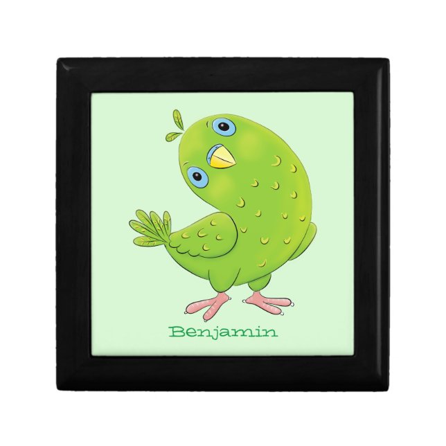 Cute green curious parakeet cartoon illustration gift box (Front)