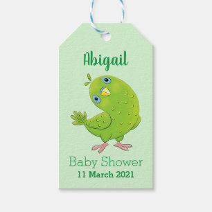 Cute green curious parakeet cartoon illustration  gift tags