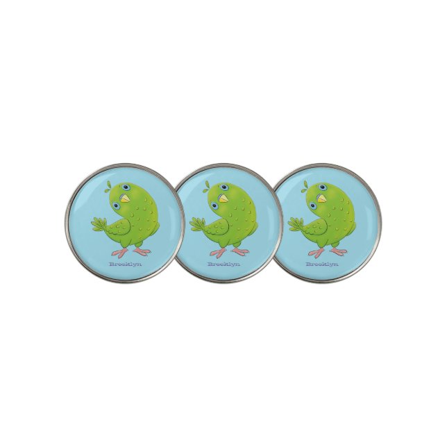 Cute green curious parakeet cartoon illustration golf ball marker (3 Up)