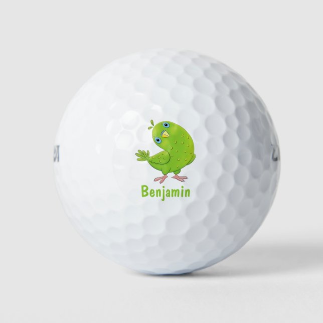 Cute green curious parakeet cartoon illustration golf balls (Front)