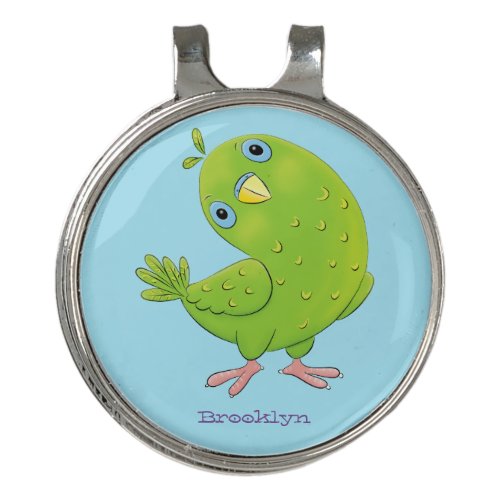Cute green curious parakeet cartoon illustration  golf hat clip