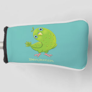 Cute green curious parakeet cartoon illustration golf head cover