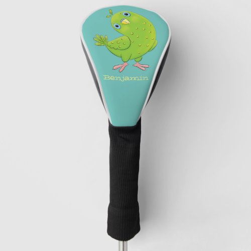 Cute green curious parakeet cartoon illustration golf head cover