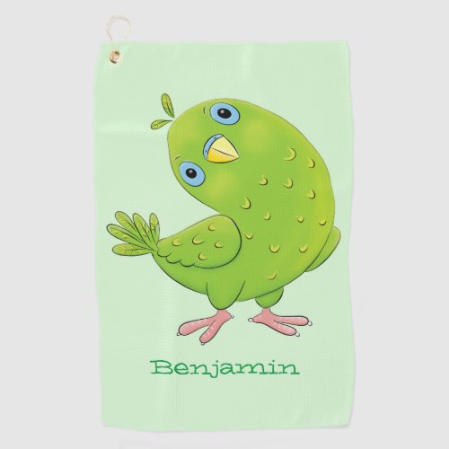 Cute green curious parakeet cartoon illustration golf towel