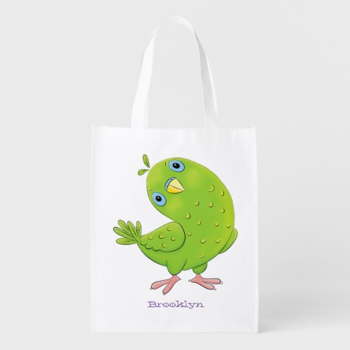 Cute green curious parakeet cartoon illustration grocery bag