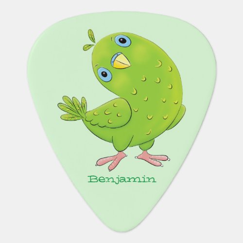 Cute green curious parakeet cartoon illustration guitar pick