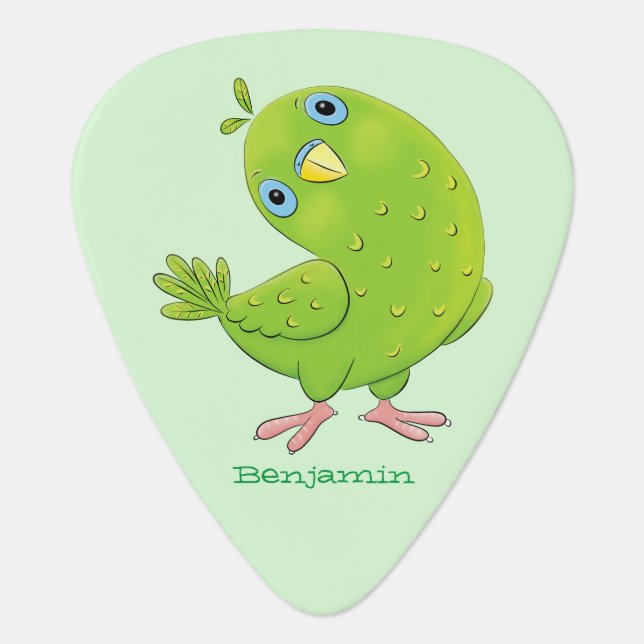 Cute green curious parakeet cartoon illustration guitar pick (Front)