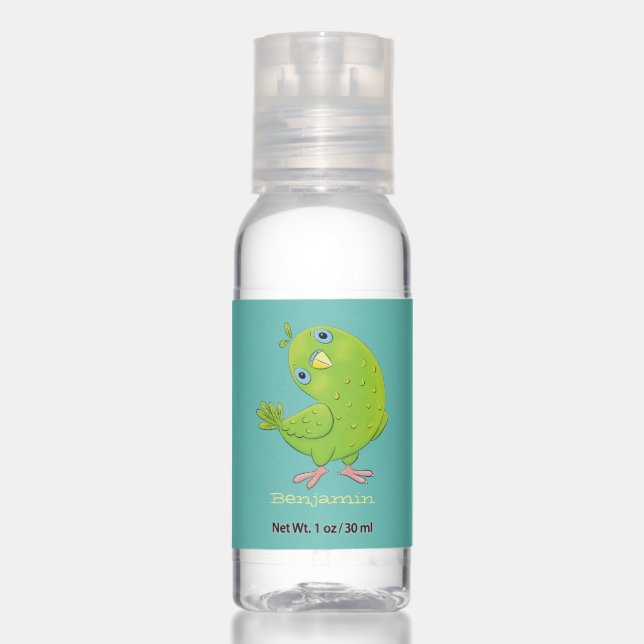 Cute green curious parakeet cartoon illustration hand sanitizer (Front)