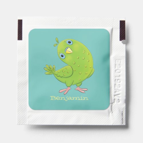 Cute green curious parakeet cartoon illustration hand sanitizer packet