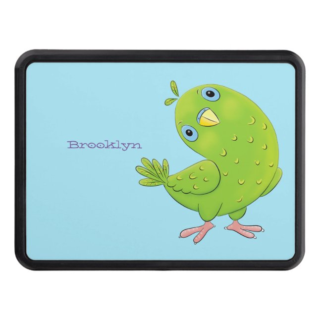 Cute green curious parakeet cartoon illustration hitch cover (Front)