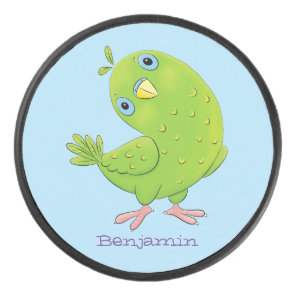 Cute green curious parakeet cartoon illustration hockey puck