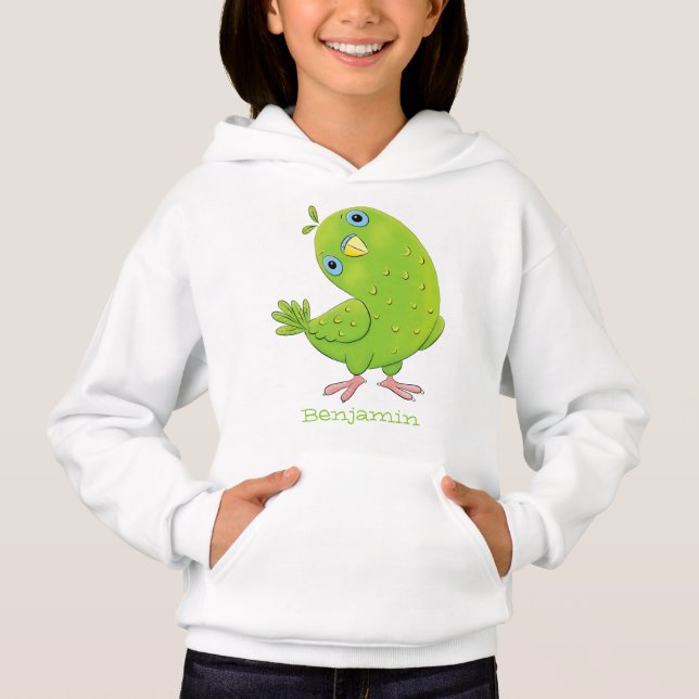 Cute green curious parakeet cartoon illustration hoodie (Front)
