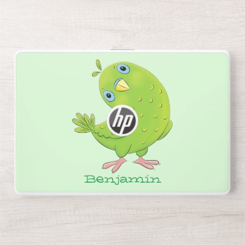 Cute green curious parakeet cartoon illustration HP laptop skin